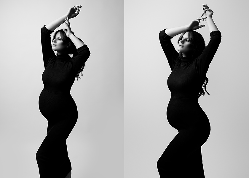 sesja ciążowa w czarne sukience, sesja ciążowa w czarnym body, czarno białe zdjęcia ciążowe