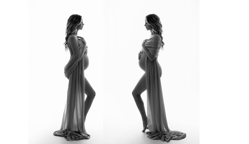 sesja ciążowa w sukience z materiału, sesja ciążowa w czerni i bieli